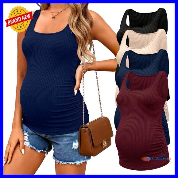 Tops - Ribbed Maternity Tank Tops Square Neck Ruch Side Casual Pregnancy Postpartum